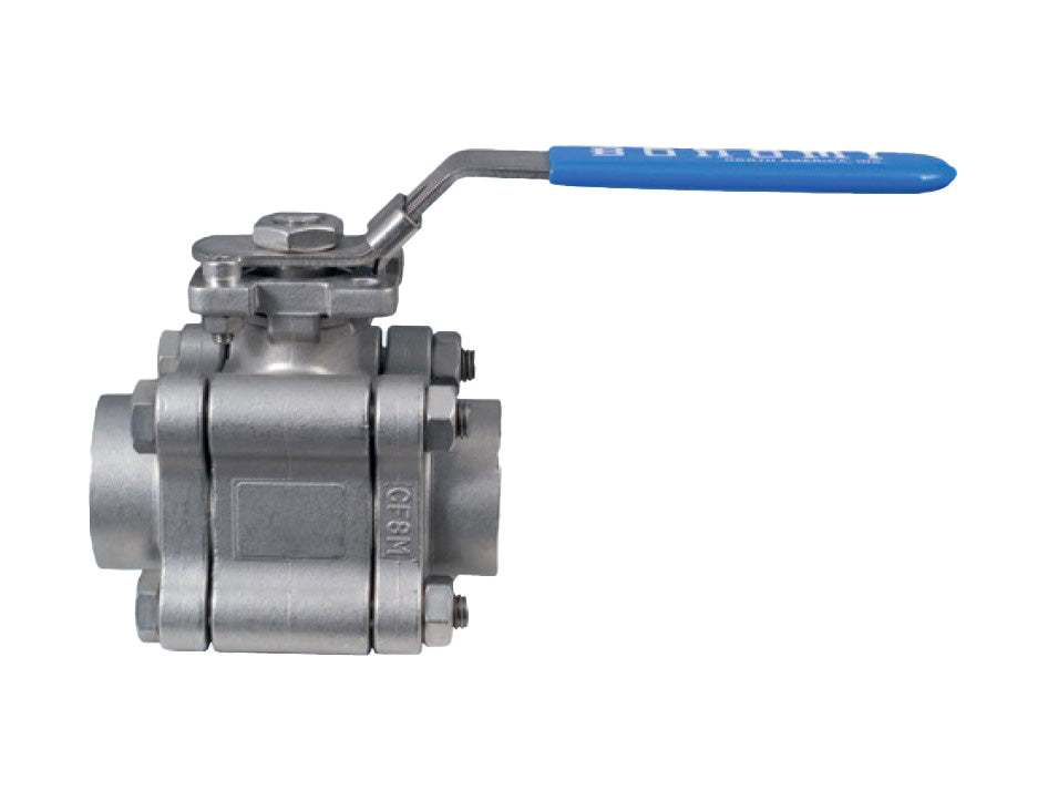 BONOMI SERIES 742LL FULL PORT HIGH PERFORMANCE 3 PC. STAINLESS STEEL BALL VALVE WITH PEEK SEATS W/LOCKING LEVER AND ISO 5211 MOUNTING PAD AND BW ENDS