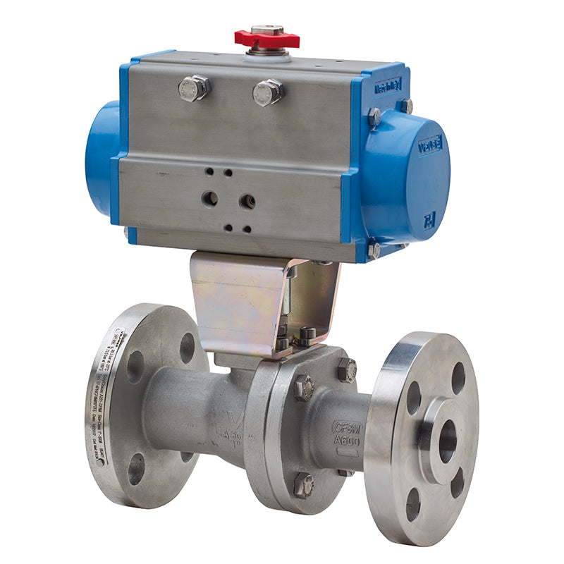 BONOMI 8P68J401 WITH SERIES 68J401 API 608 2-WAY ST. ST. ANSI CLASS 600 FLANGED SPLIT BODY FIRE SAFE DESIGN BALL VALVE AND VALBIA PNEUMATIC ACTUATOR