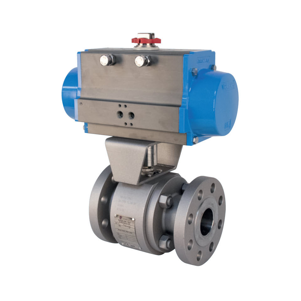 BONOMI PENTA SERIES AP60PCS 2-WAY CARBON STEEL ANSI CLASS 300 FLANGED SPLIT-BODY BI-DIRECTIONAL HIGH TEMPERATURE BALL VALVE WITH VALBIA PNEUMATIC ACTUATOR