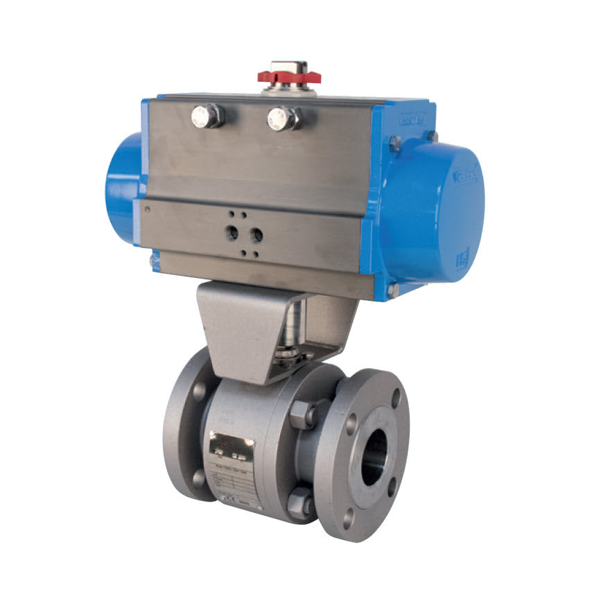 BONOMI PENTA SERIES AP64PCS 2-WAY CARBON STEEL ANSI CLASS 150 FLANGED SPLIT-BODY BI-DIRECTIONAL HIGH TEMPERATURE BALL VALVE WITH VALBIA PNEUMATIC ACTUATOR
