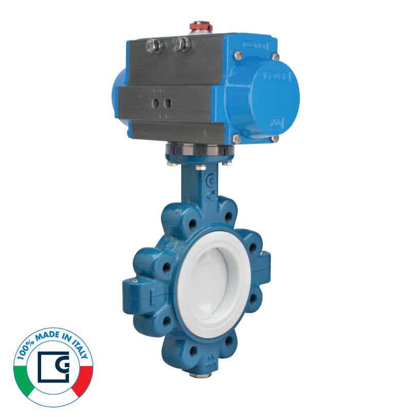 BONOMI GHIBSON SERIES 551P FDA APPROVED PTFE COATED SS DISC EPOXY COATED DUCTILE IRON LUG-STYLE BUTTERFLY VALVE AND VALBIA PNEUMATIC ACTUATOR