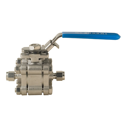 BONOMI SERIES 1300 3 PC. STAINLESS STEEL STANDARD PORT INSTRUMENTATION BALL VALVE W/ COMPRESSION ENDS, LOCKING HANDLE AND ISO 5211 DIRECT MOUNTING PAD