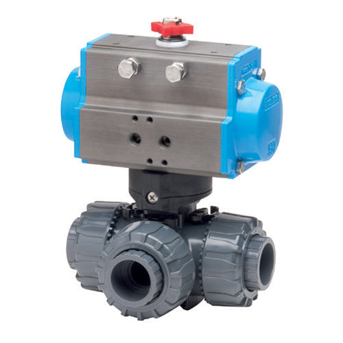 BONOMI SERIES PVC-BV3L 3-WAY FULL L-PORT PVC BALL VALVE AND VALBIA PNEUMATIC ACTUATOR