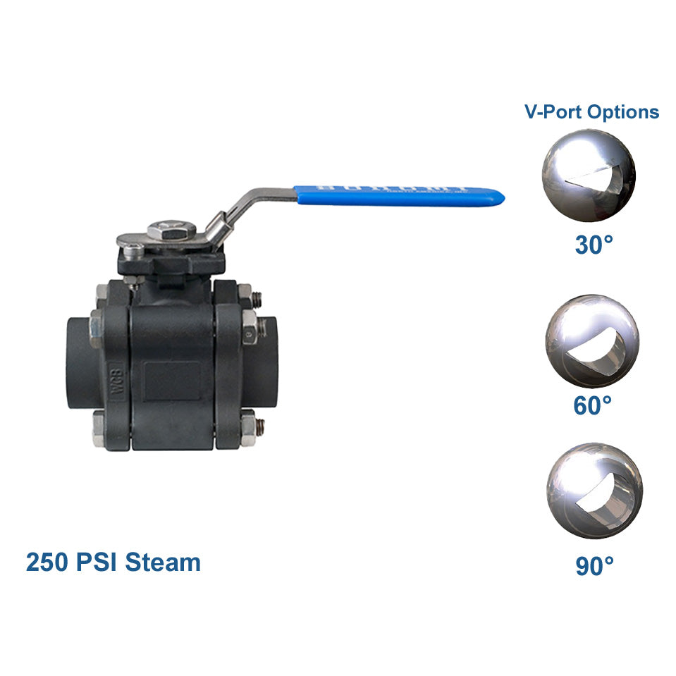 BONOMI SERIES 630LL V-PORT HIGH PERFORMANCE 3 PC. CARBON STEEL BALL VALVE W/LOCKING LEVER AND ISO 5211 MOUNTING PAD AND NPT ENDS