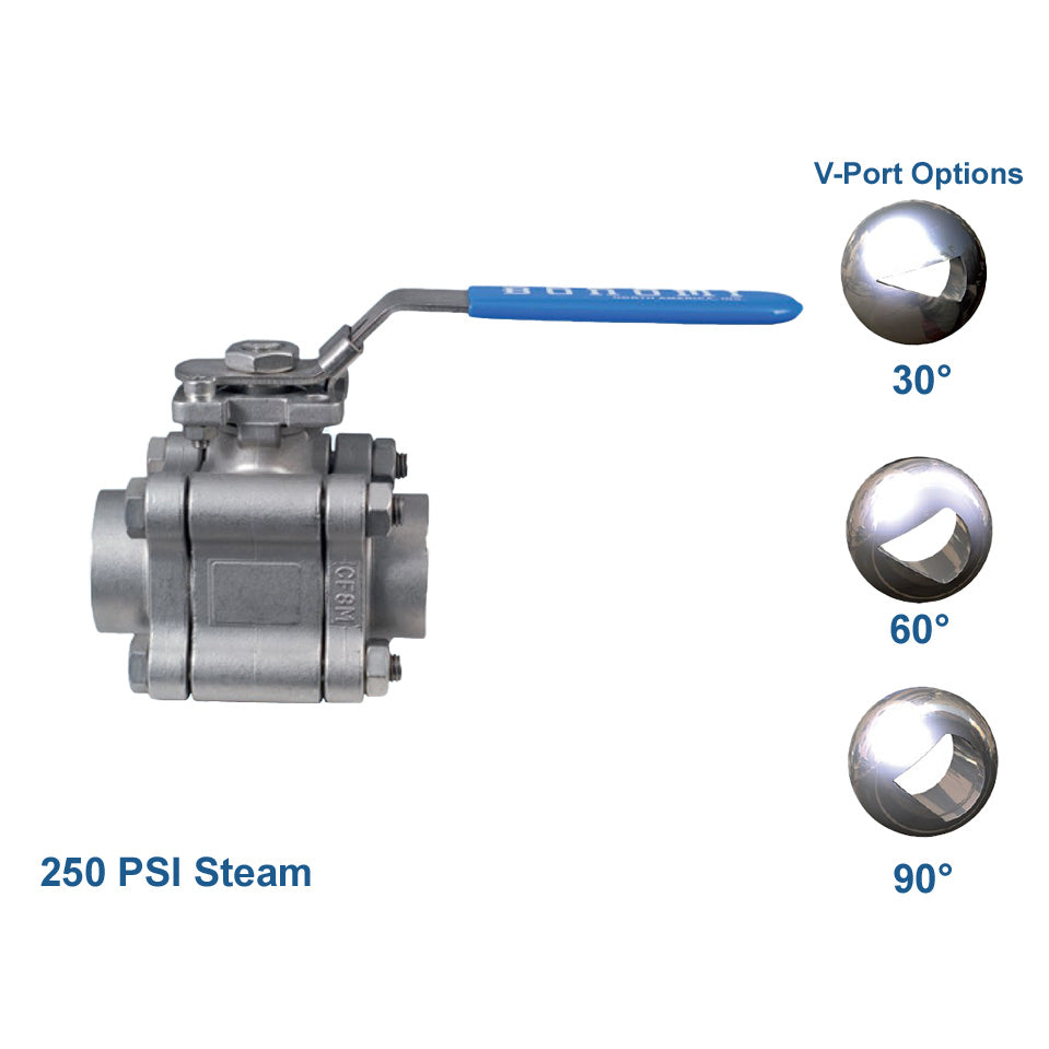 BONOMI SERIES 730LL V-PORT HIGH PERFORMANCE 3 PC. STAINLESS STEEL BALL VALVE W/LOCKING LEVER AND ISO 5211 MOUNTING PAD AND NPT ENDS