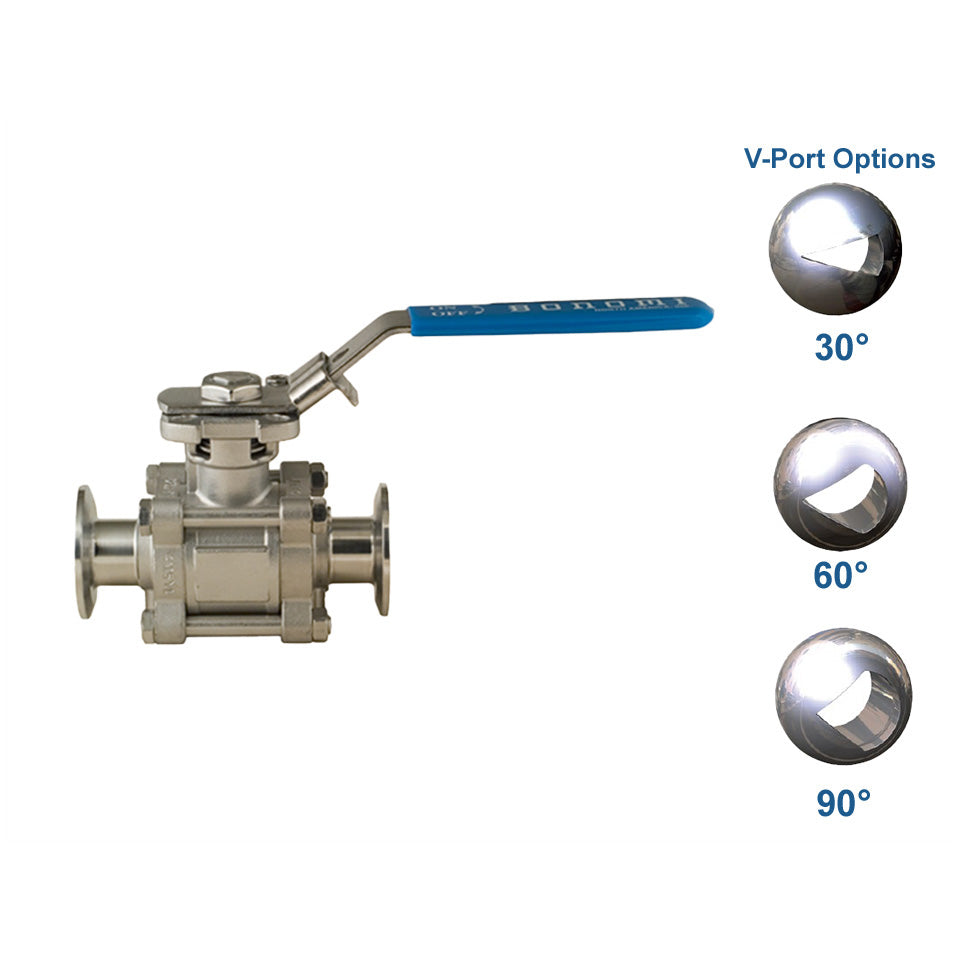 BONOMI SERIES 770V 3 PC. STAINLESS STEEL NON-CAVITY FILLED WITH SANITARY TRI-CLAMP ENDS V-BALL VALVE