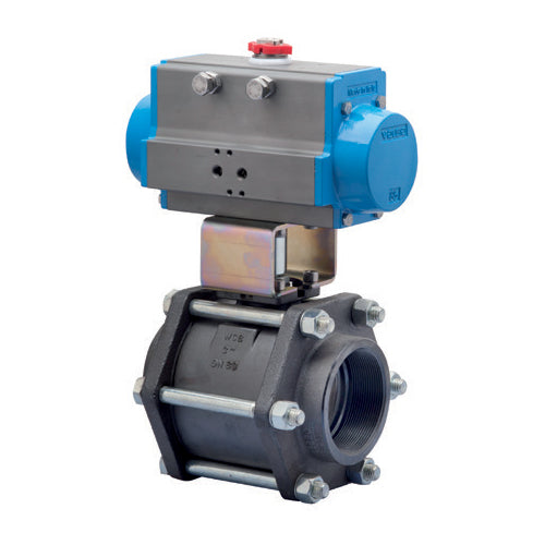 BONOMI SERIES 710085 2-WAY CARBON STEEL 3-PIECE NPT BALL VALVE AND VALBIA PNEUMATIC ACTUATOR