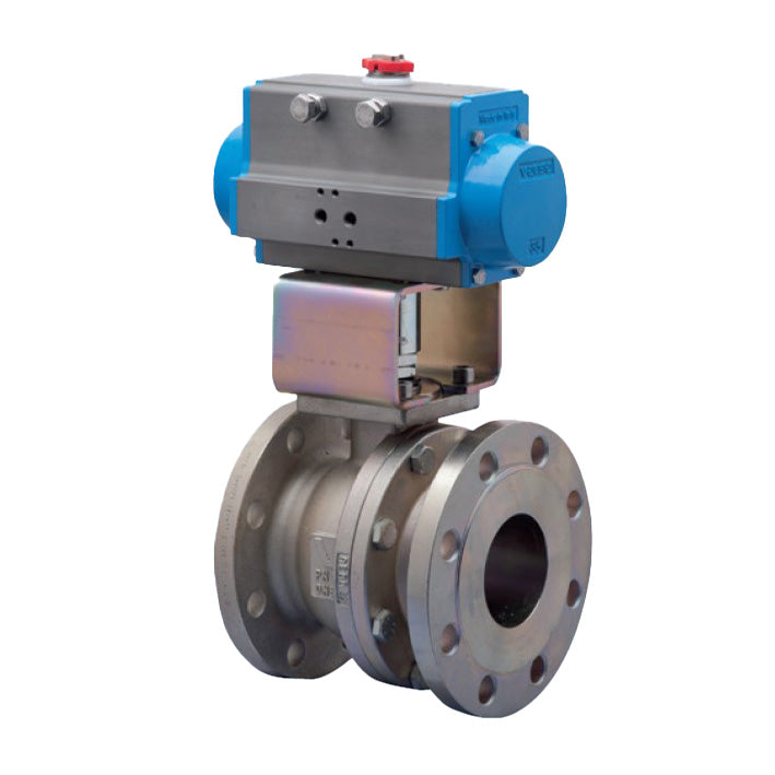 BONOMI SERIES 760137 2-WAY CARBON STEEL ANSI CLASS 150 FLANGED SPLIT BODY BALL VALVE AND VALBIA PNEUMATIC ACTUATOR