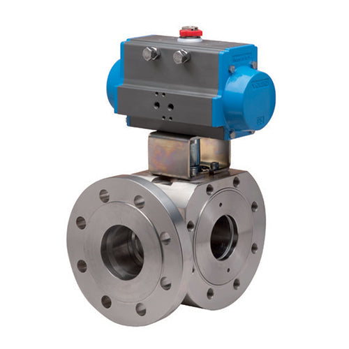 BONOMI SERIES 776018 3-WAY REDUCED L-PORT ST. ST. ANSI CLASS 150 FLANGED BALL VALVE AND VALBIA PNEUMATIC ACTUATOR