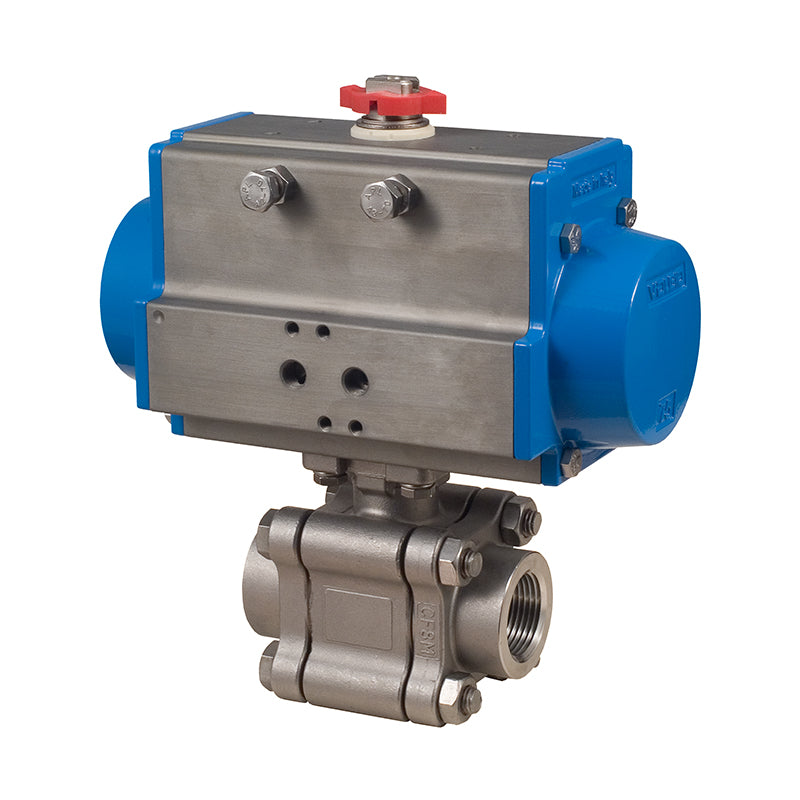 BONOMI SERIES 740LL 2-WAY ST. ST. BODY 3-PIECE NPT BALL VALVE AND VALBIA PNEUMATIC ACTUATOR