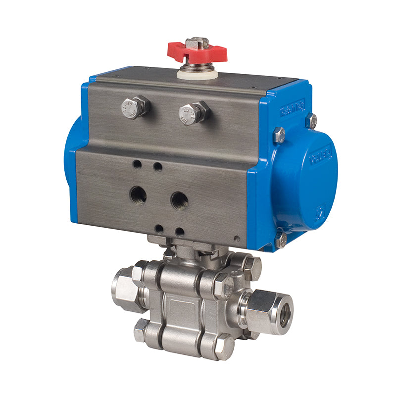 BONOMI SERIES 1300 2-WAY ST. ST. BODY 3-PIECE COMPRESSION END BALL VALVE AND VALBIA PNEUMATIC ACTUATOR