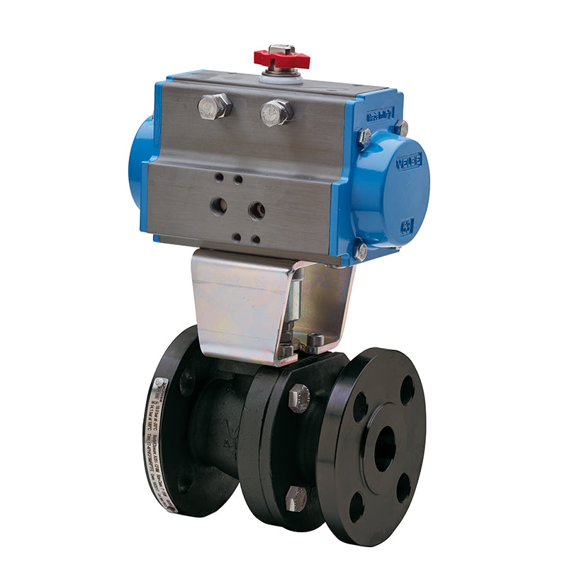BONOMI SERIES 68F000 2-WAY CARBON STEEL ANSI CLASS 150 FIRE SAFE DESIGN FLANGED SPLIT BODY BALL VALVE AND VALBIA PNEUMATIC ACTUATOR