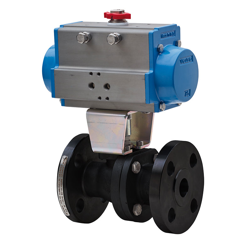 BONOMI SERIES 68F100 2-WAY CARBON STEEL ANSI CLASS 300 FIRE SAFE DESIGN FLANGED SPLIT BODY BALL VALVE AND VALBIA PNEUMATIC ACTUATOR