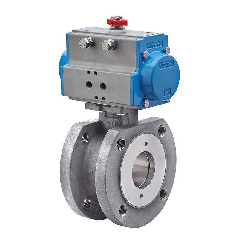 BONOMI SERIES 723101 2-WAY ST. ST. BODY ANSI CLASS 150 FLANGED WAFER STYLE BALL VALVE AND VALBIA PNEUMATIC ACTUATOR