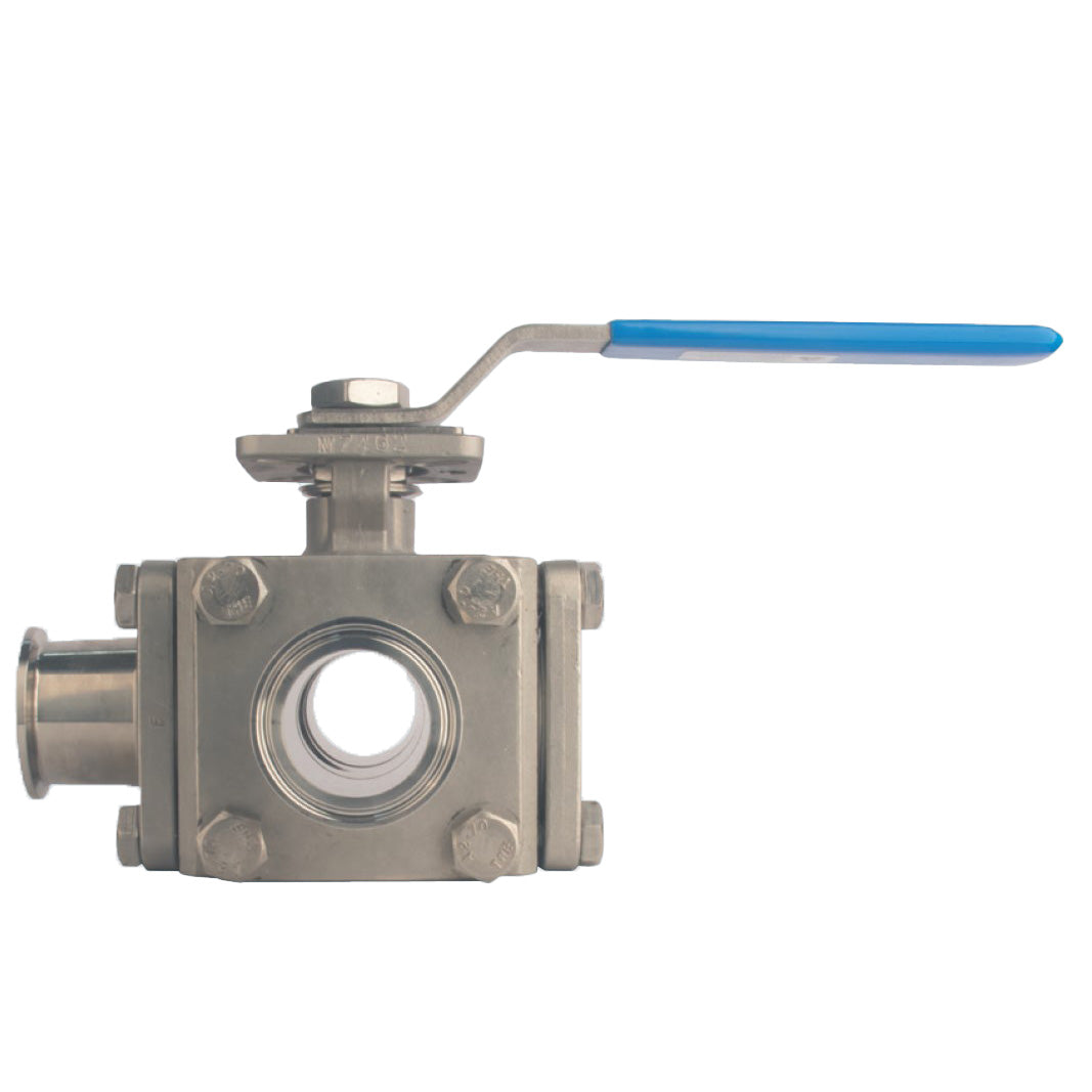 BONOMI SERIES 97L-STC 3-WAY CAVITY-FILLED, DIRECT MOUNT L-PORTED STAINLESS STEEL BALL VALVE WITH SANITARY TRI-CLAMP ENDS