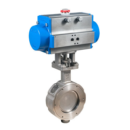 BONOMI SERIES 9320 ST. ST. BODY ST. ST. DISC METAL SEATED SEATS WAFER STYLE ANSI CLASS 300 HP BUTTERFLY VALVE AND VALBIA PNEUMATIC ACTUATOR