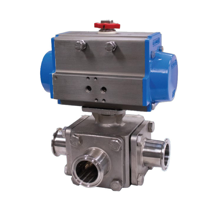 BONOMI SERIES 97T-STC 3-WAY FULL T-PORT ST. ST. BLOCK BODY SANITARY CONNECTION BALL VALVE AND VALBIA PNEUMATIC ACTUATOR