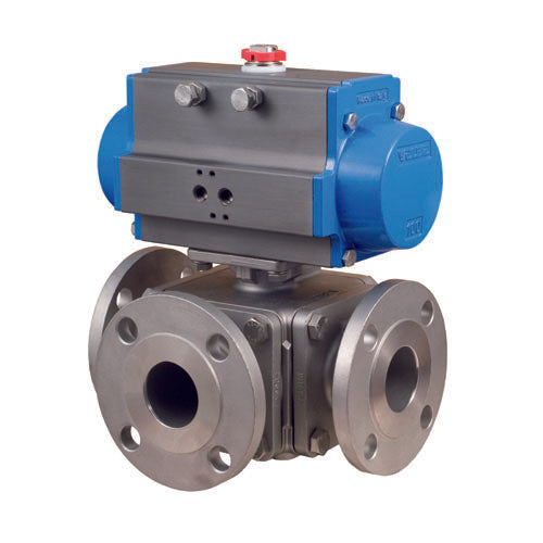 BONOMI SERIES 97T150 3-WAY FULL T-PORT ST. ST. BLOCK BODY ANSI CLASS 150 FLANGED BALL VALVE AND VALBIA PNEUMATIC ACTUATOR
