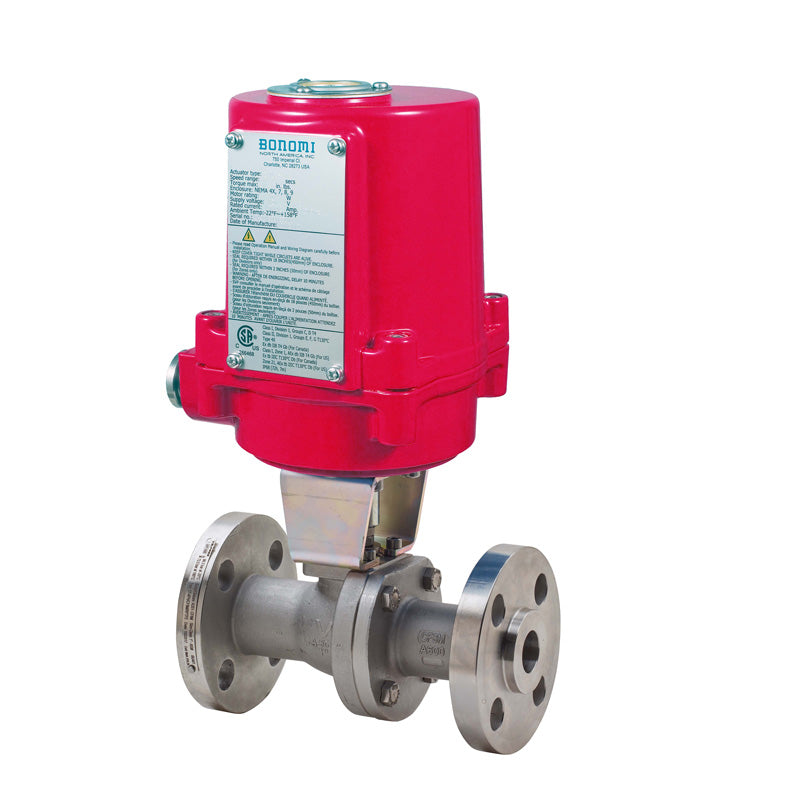 BONOMI EXM8E68J401 WITH SERIES 68J401 API 608 2-WAY ST. ST. ANSI CLASS 600 FLANGED SPLIT BODY FIRE SAFE DESIGN BALL VALVE AND VALBIA CSA APPROVED EXPLOSION PROOF ELECTRIC ACTUATOR