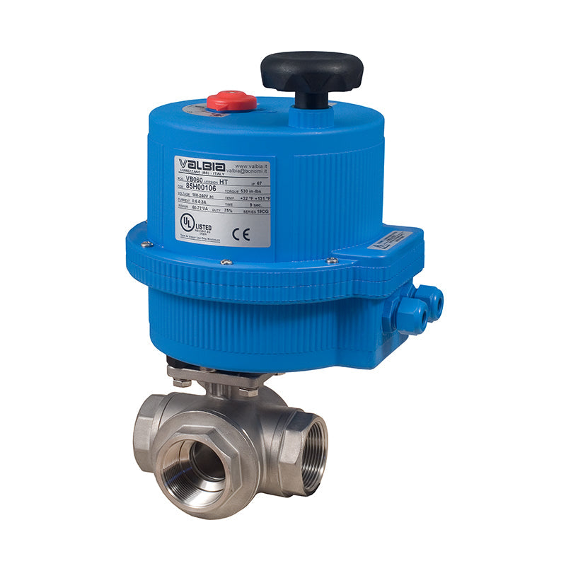 BONOMI 8E072 WITH SERIES 966N 3-WAY FULL L-PORT ST. ST. BODY NPT BALL VALVE AND PLASTIC VALBIA ELECTRIC ACTUATOR