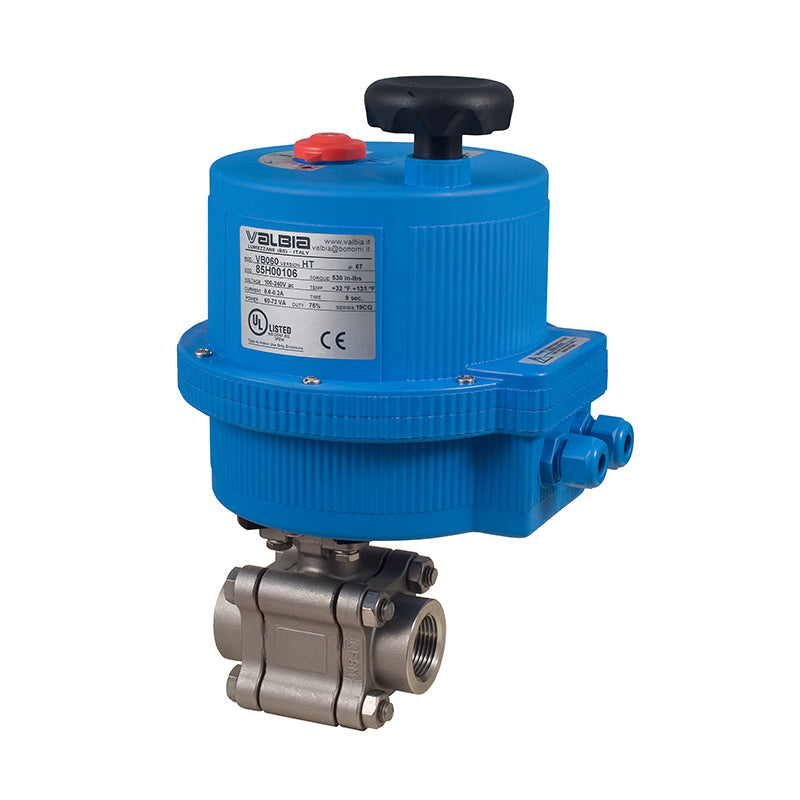 BONOMI 8E0740H WITH SERIES 740H 2-WAY ST. ST. BODY 3-PIECE NPT BALL VALVE AND PLASTIC VALBIA ELECTRIC ACTUATOR