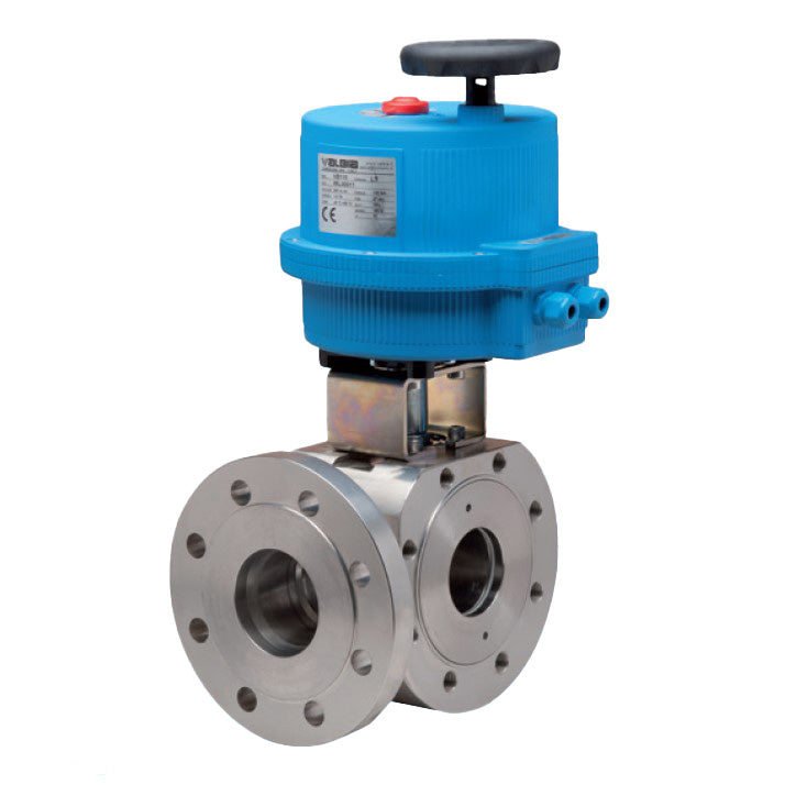 BONOMI 8E077 WITH SERIES 776018 3-WAY REDUCED L-PORT ST. ST. ANSI CLASS 150 FLANGED BALL VALVE AND PLASTIC VALBIA ELECTRIC ACTUATOR