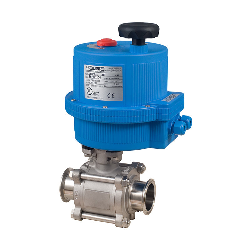 BONOMI 8E0771 WITH SERIES 771 2-WAY ST. ST. BODY 3-PIECE SANITARY TRI-CLAMP CAVITY FILLED BALL VALVE AND PLASTIC VALBIA ELECTRIC ACTUATOR