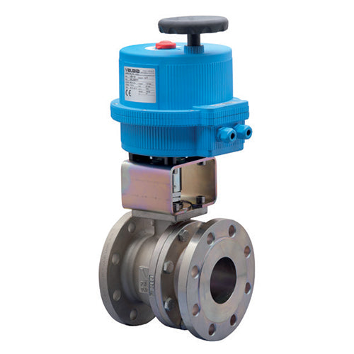 BONOMI 8E085 WITH SERIES 762000 2-WAY CARBON STEEL ANSI CLASS 150 FIRE SAFE DESIGN FLANGED SPLIT BODY BALL VALVE AND PLASTIC VALBIA ELECTRIC ACTUATOR