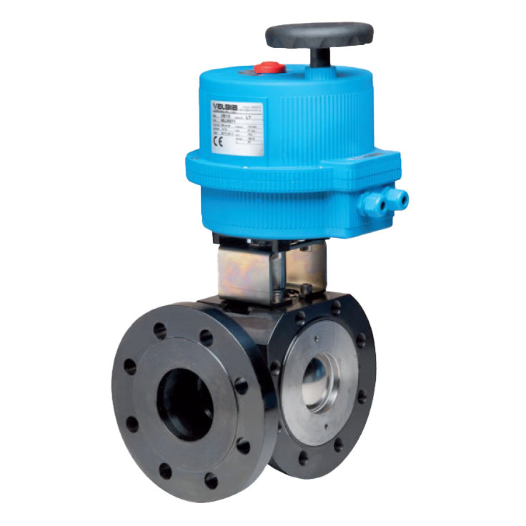 BONOMI 8E086 WITH SERIES 776032 3-WAY REDUCED L-PORT CARBON STEEL ANSI CLASS 150 FLANGED BALL VALVE AND PLASTIC VALBIA ELECTRIC ACTUATOR