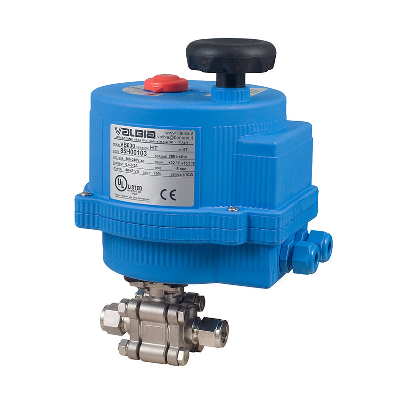 BONOMI 8E1300 WITH SERIES 1300 2-WAY ST. ST. BODY 3-PIECE COMPRESSION END BALL VALVE AND PLASTIC VALBIA ELECTRIC ACTUATOR