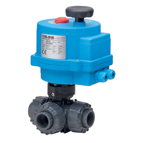 BONOMI 8E3TPVC WITH SERIES PVC-BV3T 3-WAY FULL T-PORT PVC NPT BALL VALVE AND PLASTIC VALBIA ELECTRIC ACTUATOR