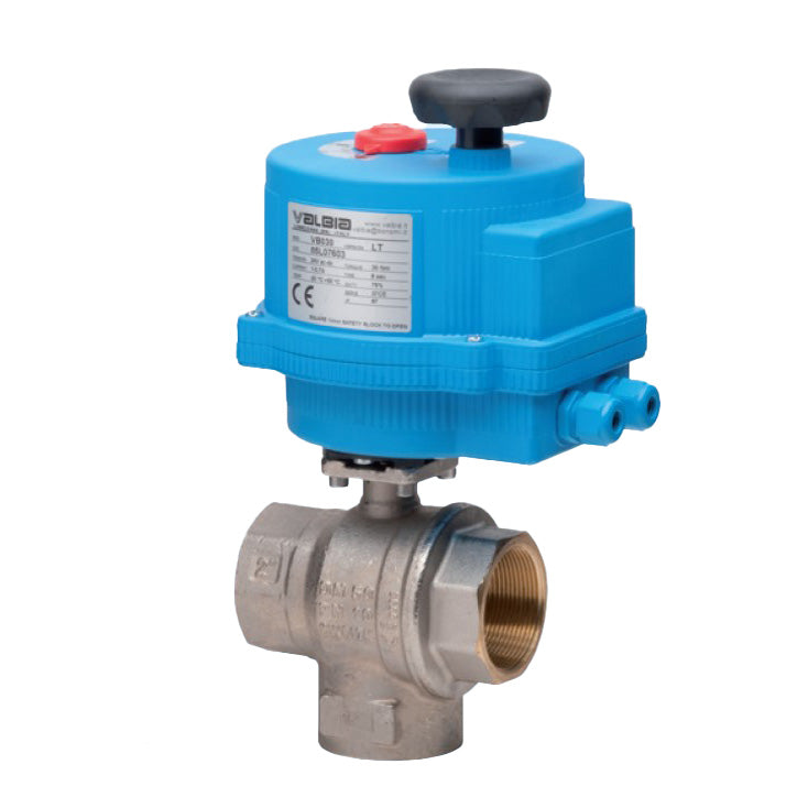 BONOMI 8E3210 WITH SERIES RB 3210 3-WAY BRASS NPT DIVERTER BALL VALVE AND PLASTIC VALBIA ELECTRIC ACTUATOR