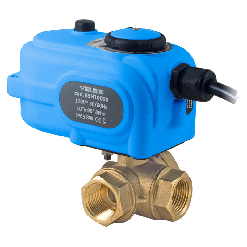 BONOMI 8E866LF WITH SERIES RB 365NLF 3-WAY LEAD FREE BRASS NPT BALL VALVE AND PLASTIC VALBIA ELECTRIC ACTUATOR