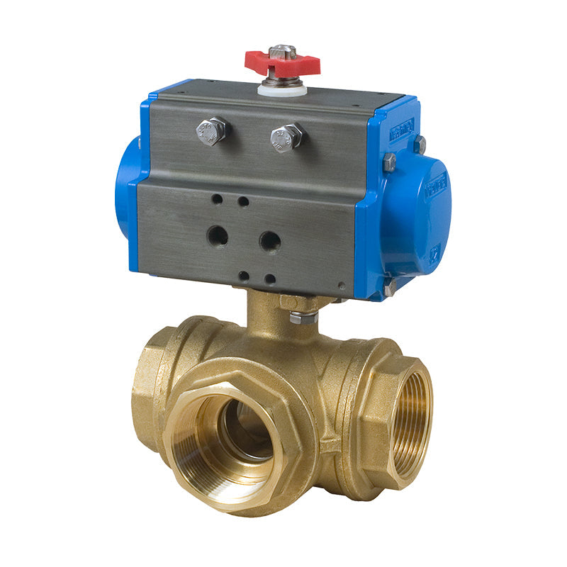 BONOMI SERIES RB 365N 3-WAY BRASS NPT BALL VALVE AND VALBIA PNEUMATIC ACTUATOR