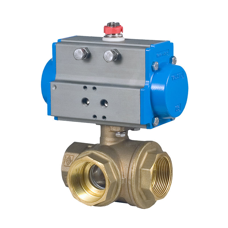 BONOMI SERIES RB 365NLF 3-WAY LEAD FREE BRASS NPT BALL VALVE AND VALBIA PNEUMATIC ACTUATOR
