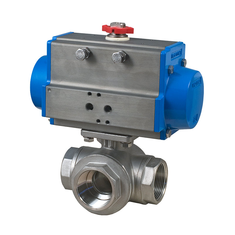 BONOMI SERIES 955N 3-WAY STANDARD T-PORT ST. ST. BODY NPT BALL VALVE AND VALBIA PNEUMATIC ACTUATOR