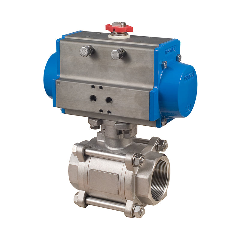 BONOMI SERIES 720LL 2-WAY ST. ST. BODY 3-PIECE NPT BALL VALVE AND VALBIA PNEUMATIC ACTUATOR