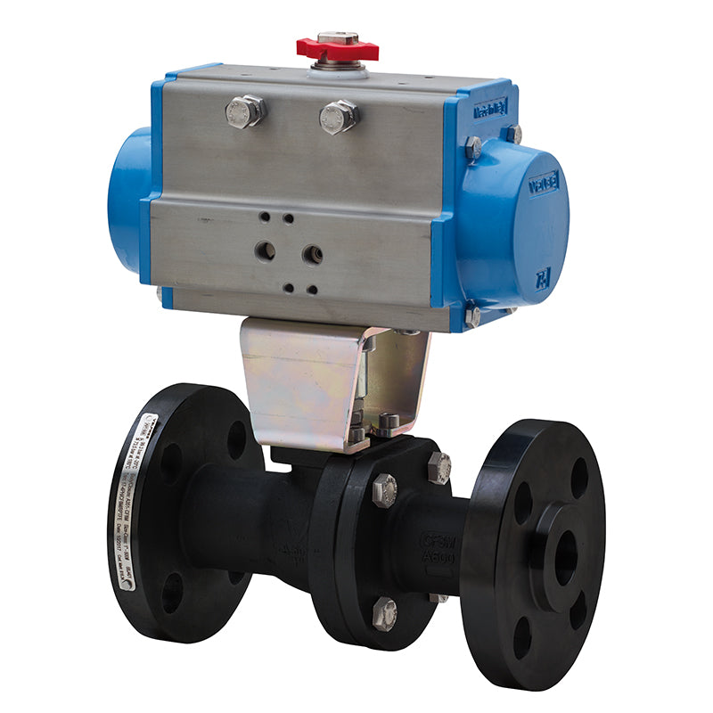 BONOMI SERIES 68F400 2-WAY CARBON STEEL ANSI CLASS 600 FIRE SAFE DESIGN FLANGED SPLIT BODY BALL VALVE AND VALBIA PNEUMATIC ACTUATOR