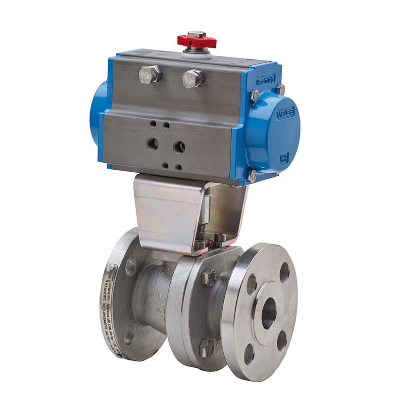 BONOMI SERIES 68J000 2-WAY ST. ST. BODY ANSI CLASS 150 FLANGED SPLIT BODY BALL VALVE AND VALBIA PNEUMATIC ACTUATOR