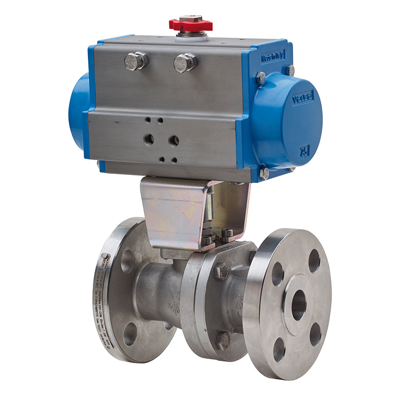BONOMI SERIES 68J100 2-WAY API 608 ST. ST. ANSI CLASS 300 FIRE SAFE DESIGN FLANGED SPLIT BODY BALL VALVE AND VALBIA PNEUMATIC ACTUATOR