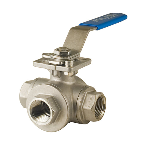 BONOMI SERIES 966N STAINLESS STEEL 3-WAY, L-PORTED, FULL PORT BALL VALVE W/ ISO 5211 DIRECT MOUNTING PAD, NPT THREADED