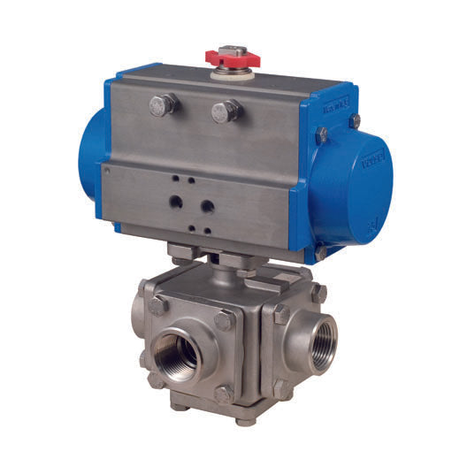 BONOMI SERIES 97X 3-WAY FULL DOUBLE L-PORT ST. ST. BLOCK BODY NPT BALL VALVE AND VALBIA PNEUMATIC ACTUATOR