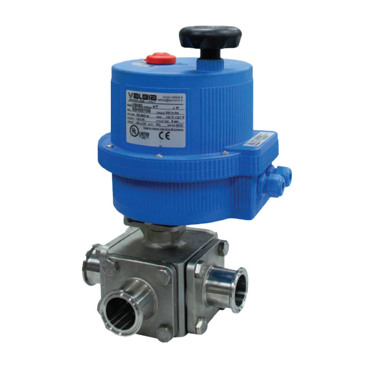 BONOMI E97L-STC WITH SERIES 97L-STC 3-WAY FULL L-PORT ST. ST. BLOCK BODY SANITARY CONNECTION BALL VALVE AND PLASTIC VALBIA ELECTRIC ACTUATOR