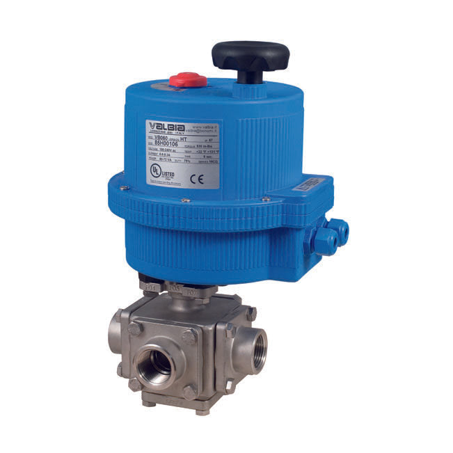 BONOMI E97T WITH SERIES 97T 3-WAY FULL T-PORT ST. ST. BLOCK BODY NPT BALL VALVE AND PLASTIC VALBIA ELECTRIC ACTUATOR