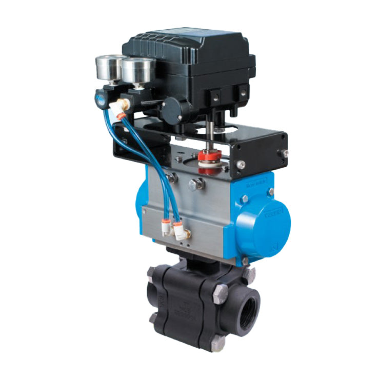 BONOMI V-PORT CONTROL VALVE WITH SERIES 630LL 3-PIECE ENCAPSULATED BOLTS NPT CARBON STEEL BALL VALVE AND VALBIA PNEUMATIC ACTUATOR WITH ELECTRO-PNEUMATIC POSITIONER