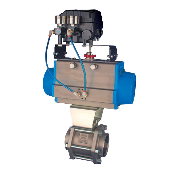 BONOMI V-PORT CONTROL VALVE WITH VALPRES SERIES 710190V 3-PIECE NPT ST. ST. BODY BALL VALVE AND VALBIA PNEUMATIC ACTUATOR WITH ELECTRO-PNEUMATIC POSITIONER