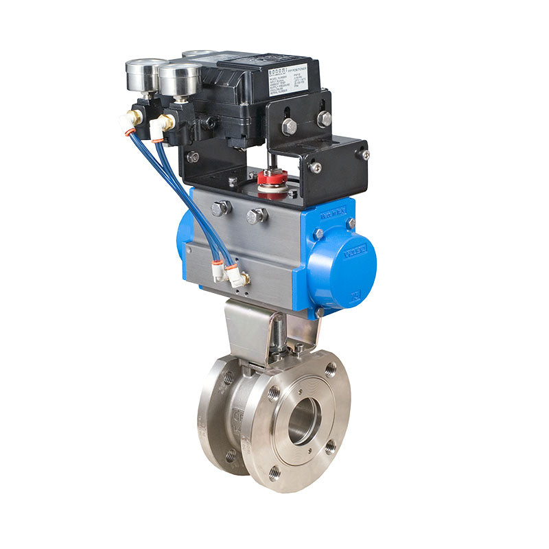 BONOMI V-PORT CONTROL VALVE WITH VALPRES 723102 WAFER STYLE FLANGED ANSI CLASS 150 ST. ST. BODY BALL VALVE AND VALBIA PNEUMATIC ACTUATOR WITH PNEUMATIC POSITIONER