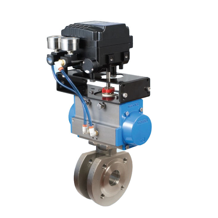 BONOMI V-PORT CONTROL VALVE WITH VALPRES 723102 WAFER STYLE FLANGED ANSI CLASS 150 ST. ST. BODY BALL VALVE AND VALBIA PNEUMATIC ACTUATOR WITH ELECTRO-PNEUMATIC POSITIONER