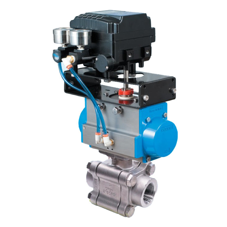 BONOMI V-PORT CONTROL VALVE WITH SERIES 730LL 3-PIECE ENCAPSULATED BOLTS NPT ST. ST. BODY BALL VALVE AND VALBIA PNEUMATIC ACTUATOR WITH ELECTRO-PNEUMATIC POSITIONER