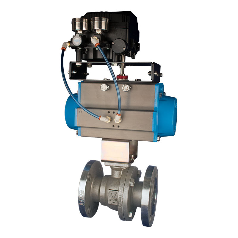 BONOMI V-PORT CONTROL VALVE WITH VALPRES SERIES 760021 SPLIT BODY FLANGED ANSI CLASS 150 ST. ST. BODY BALL VALVE AND PNEUMATIC ACTUATOR WITH ELECTRO-PNEUMATIC POSITIONER